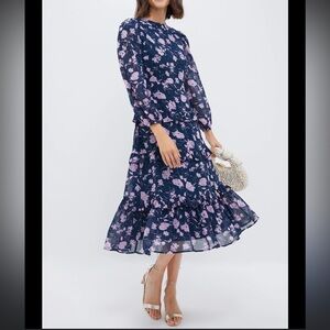 TUCKERNUCK Hyacinth House Rosalind Ruffle Midi
Dress in Navy & Blush XS NWOT